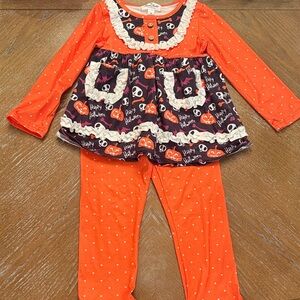 Orange Halloween Outfit with Skulls and Pumpkins